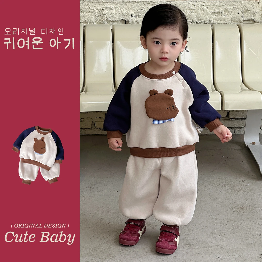 彩田禾加绒套装0-3岁男宝卡通两件套外出服卫衣裤子男孩韩版外套