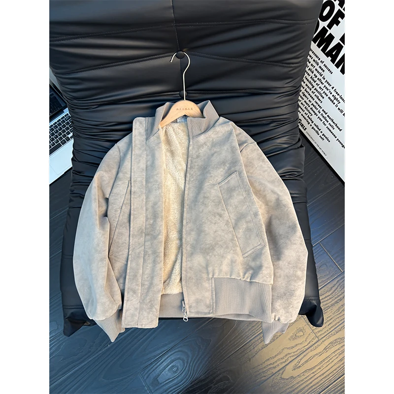 美式短款廓形扎染皮衣棉服男款冬季加绒保暖棉衣外套棒球飞行夹克