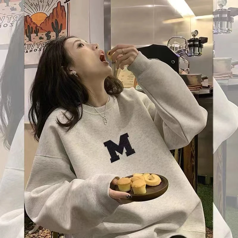 春秋薄款圆领卫衣灰色高级感小众宽松打底衫简约韩版慵懒风卫衣女