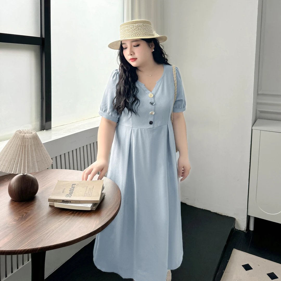 DX7791大码女装【法式气质连衣裙】肌理感V领泡泡短袖高腰显瘦裙子