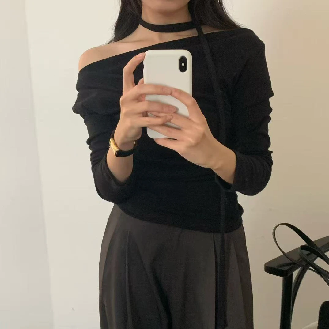 No退No换东大门女装2025新款荡领飘带针打底衫长袖T恤女124d