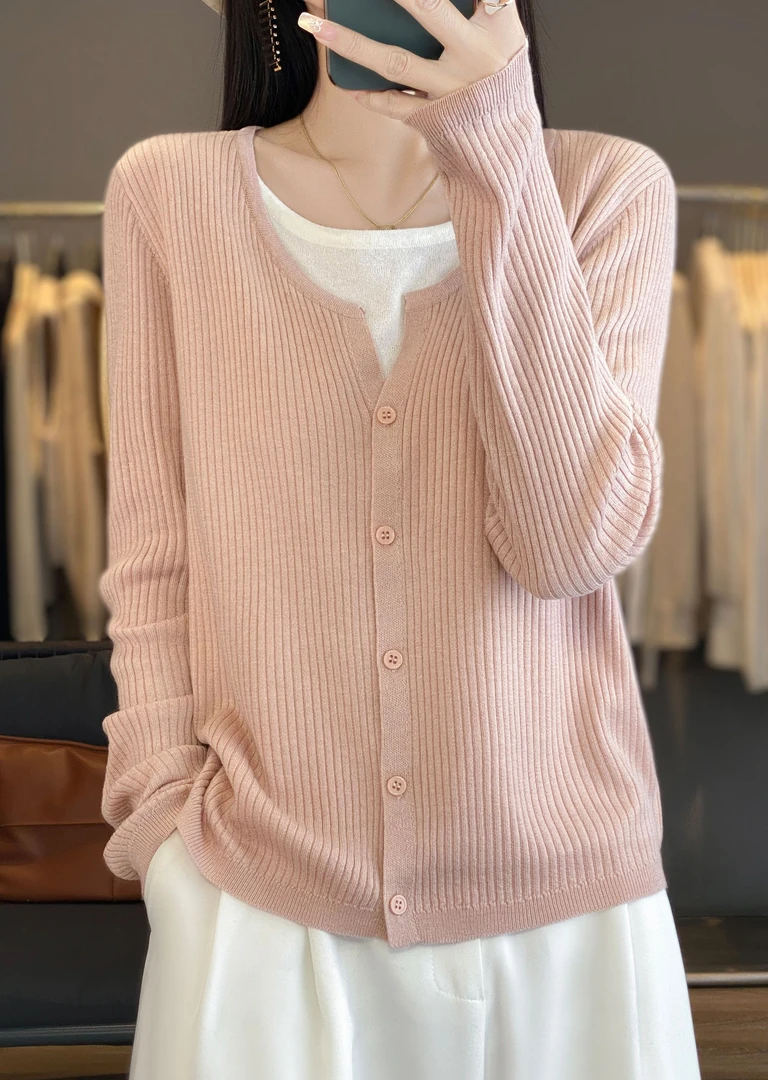 【假两件】春季新款抽条显瘦精纺针织小衫女宽松套头打底衫上衣