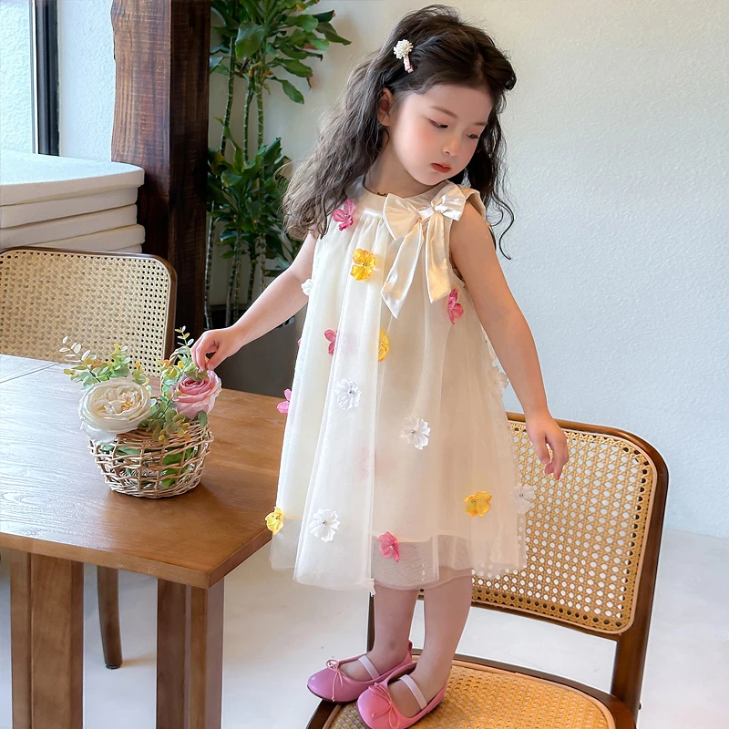 女童夏天连衣裙夏季新款夏装洋气公主裙宝宝儿童立体花朵纱裙