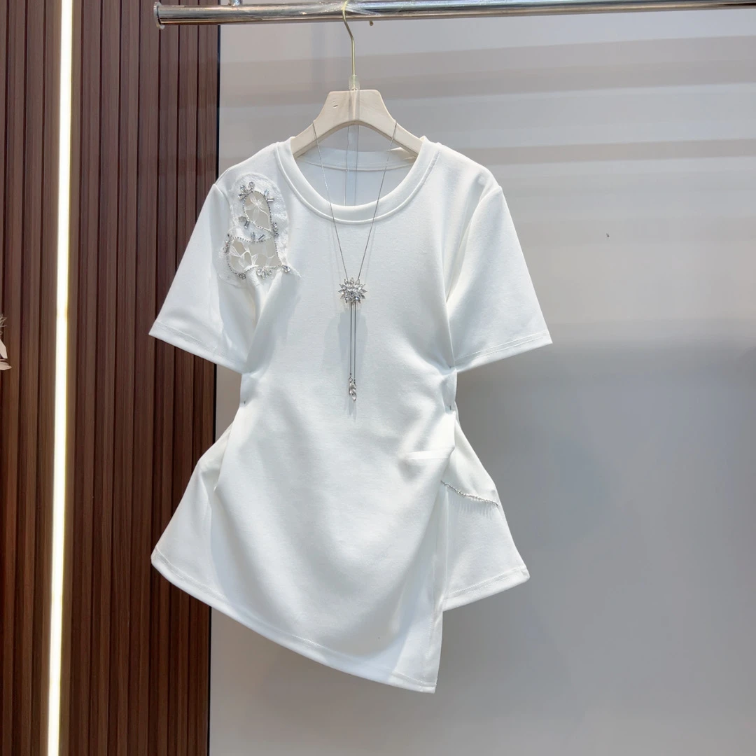 夏季新款时尚百搭镂空爱心镶钻气质不规则宽松圆领T恤