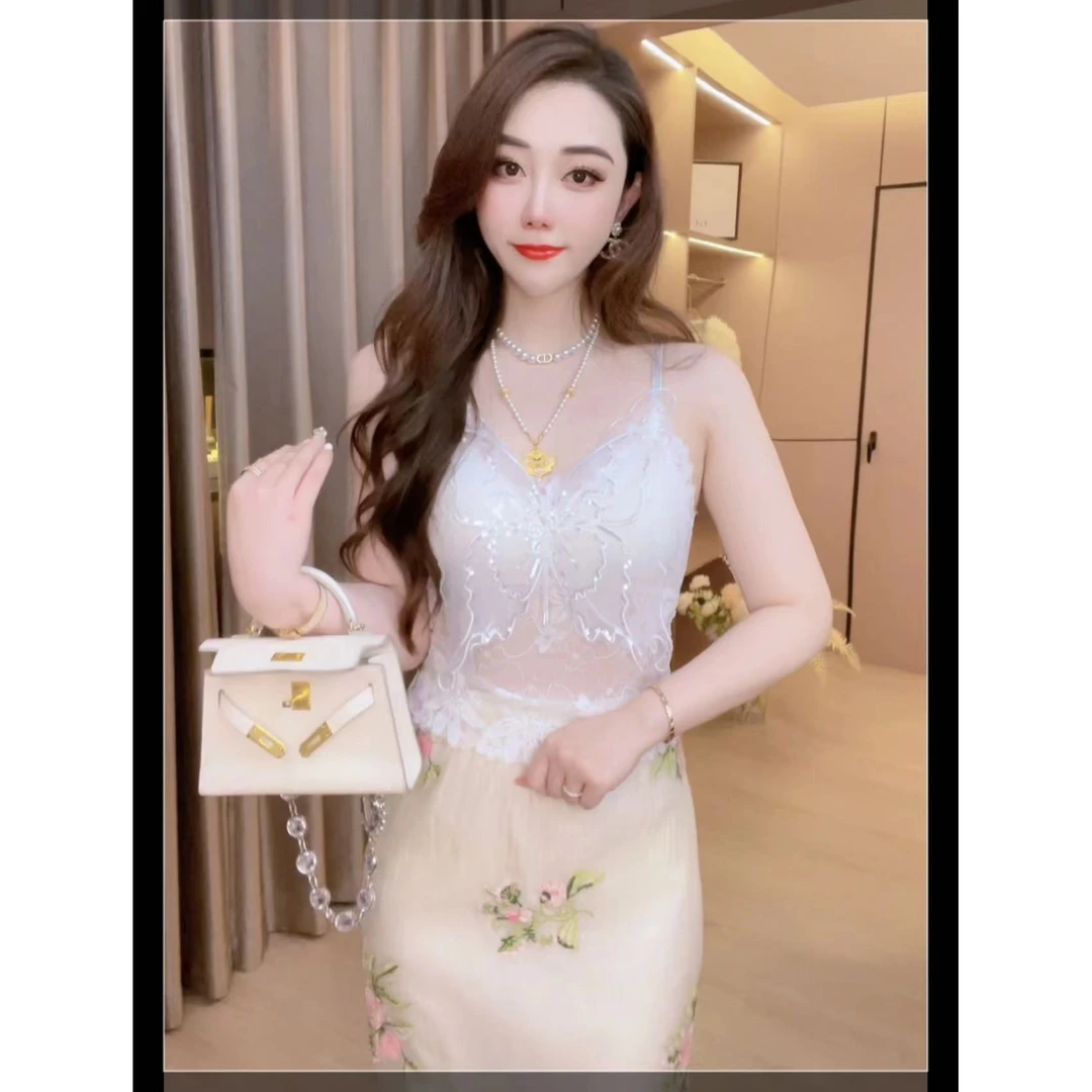 【蝴蝶飞飞】重工钉珠刺绣蕾丝气质轻奢时尚设计师美背吊带5804