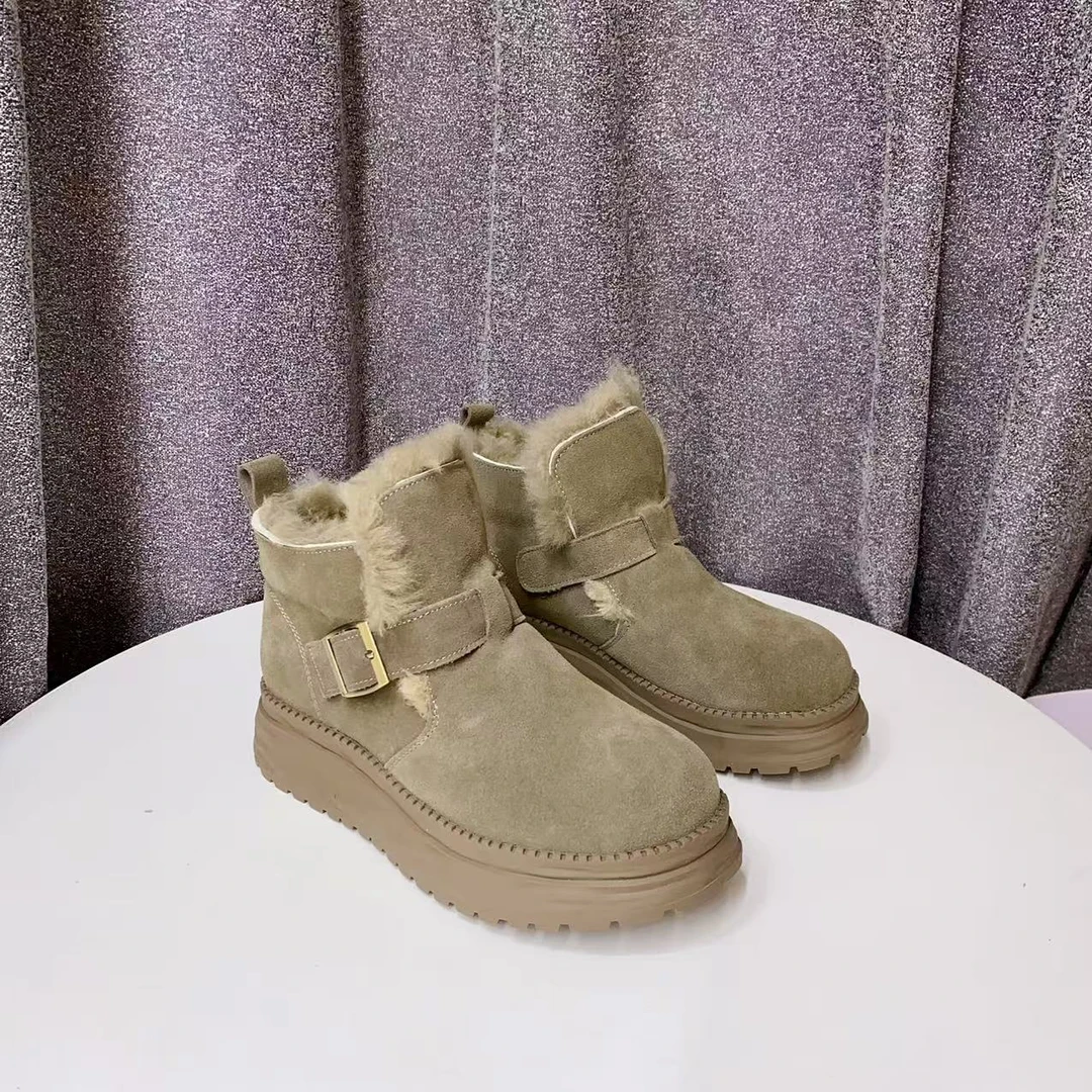 C2396 卡其色 冬季厚底圆头女士高帮保暖雪地靴