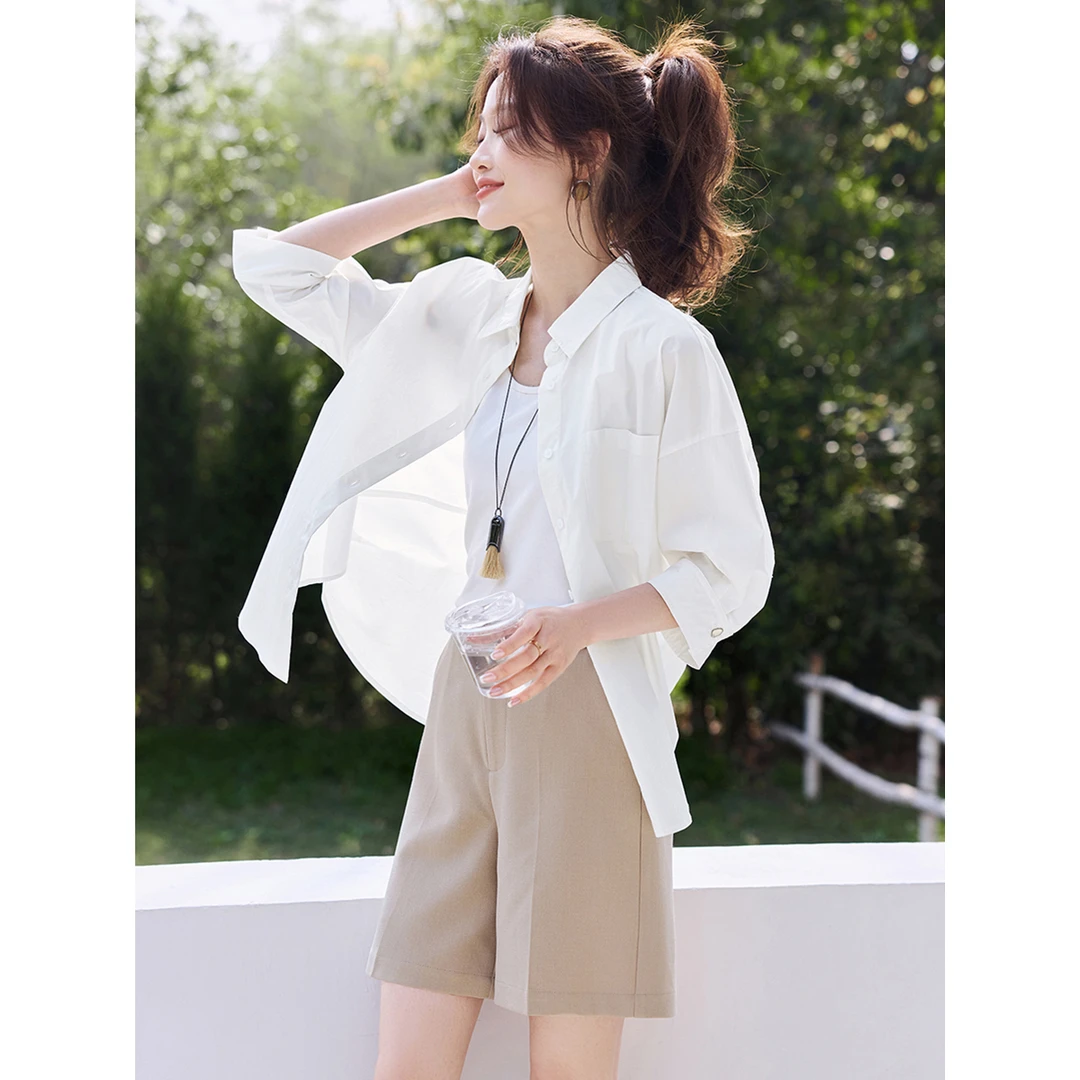 沫晗依美【舒适人生】25夏慵懒松弛百搭宽松五分袖不规则衬衫05003
