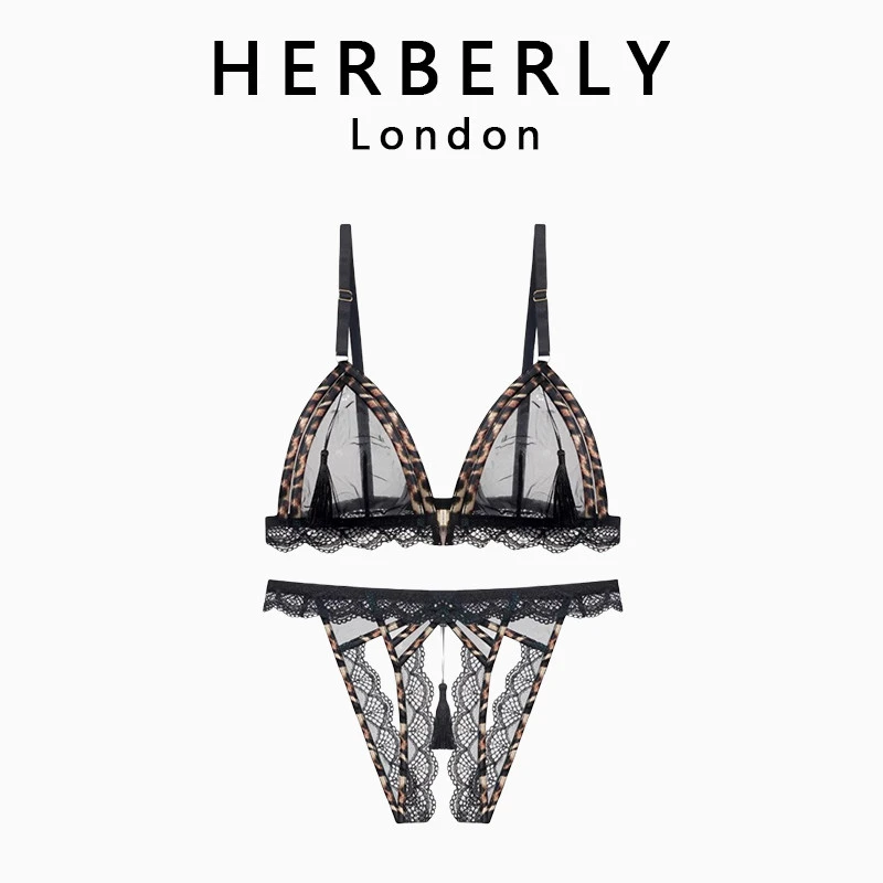 英国 HERBERLY 性感蕾丝网纱前扣文胸套装透明内衣丁字裤两件套薄