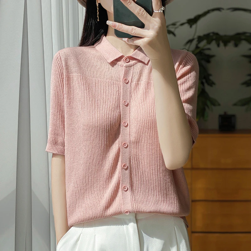 气质翻领短袖外套女2025年新款百搭夏装短款冰丝针织开衫宽松时尚