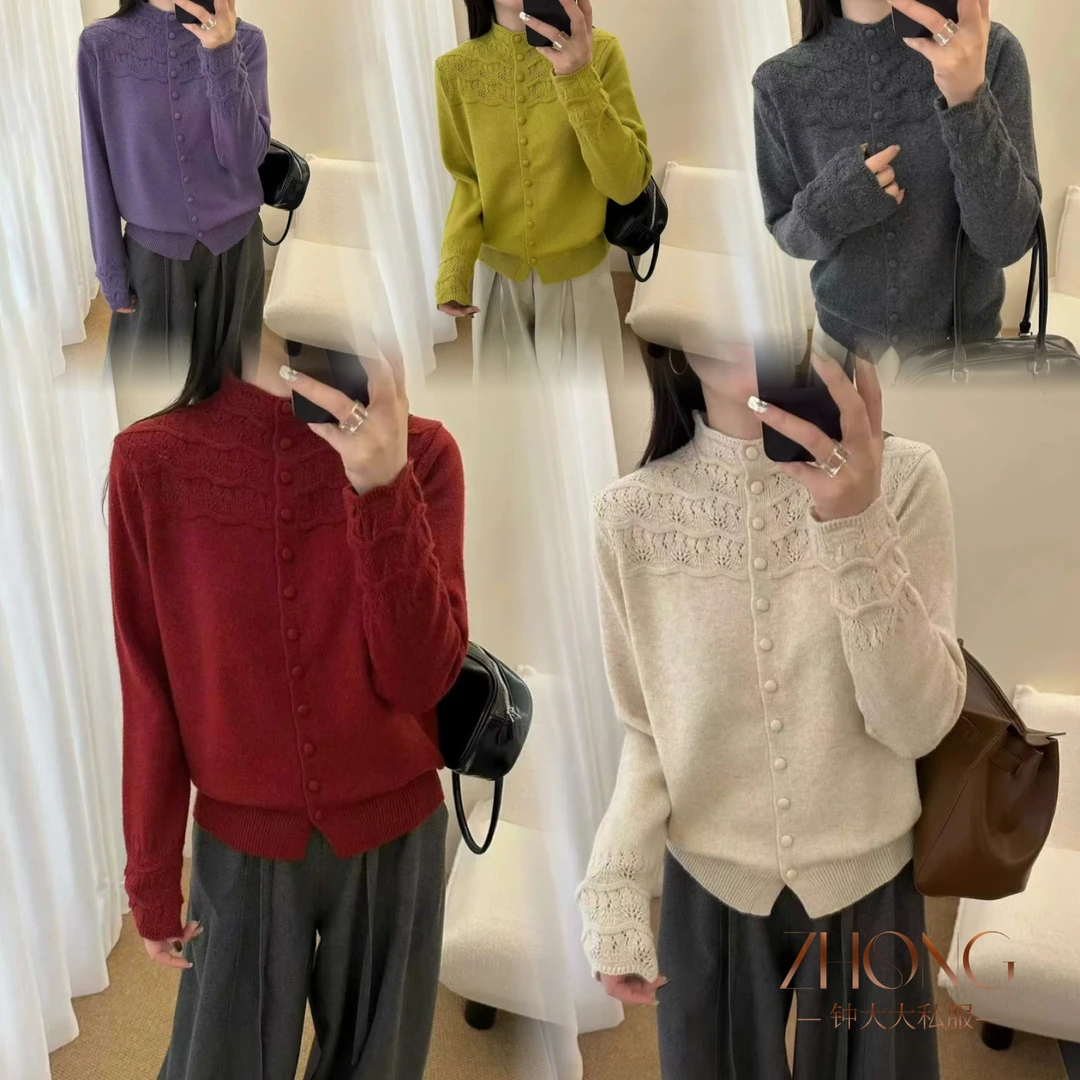 ZHONG大大【】冬款半高领镂空钩花宽松显瘦针织开衫上衣12287