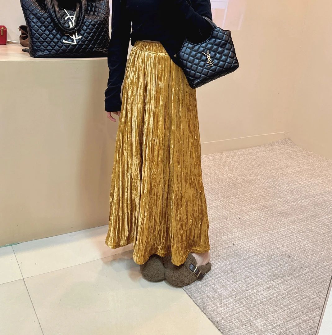 韩版东大门高腰松紧腰加绒显瘦褶皱半身裙