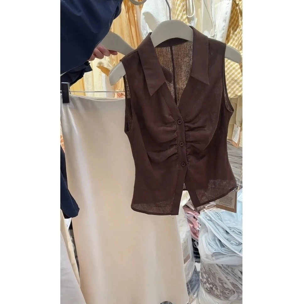 大方得体的穿搭夏气质女神范小香风焦糖色无袖衬衫老钱风百搭上衣