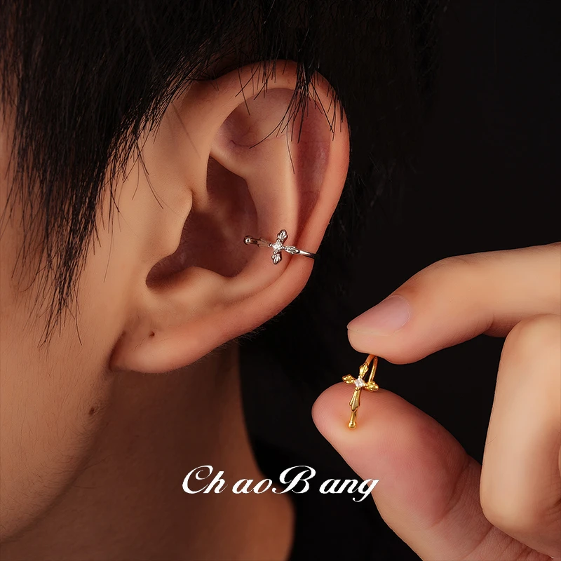 铜合金耳饰 无耳洞镶钻十字架耳骨夹百搭个性耳饰高级感时尚饰品