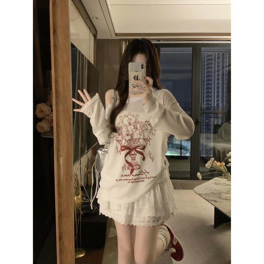 大码甜辣妹涂鸦印花白色斜露肩长袖罩衫防晒衫+蛋糕裙