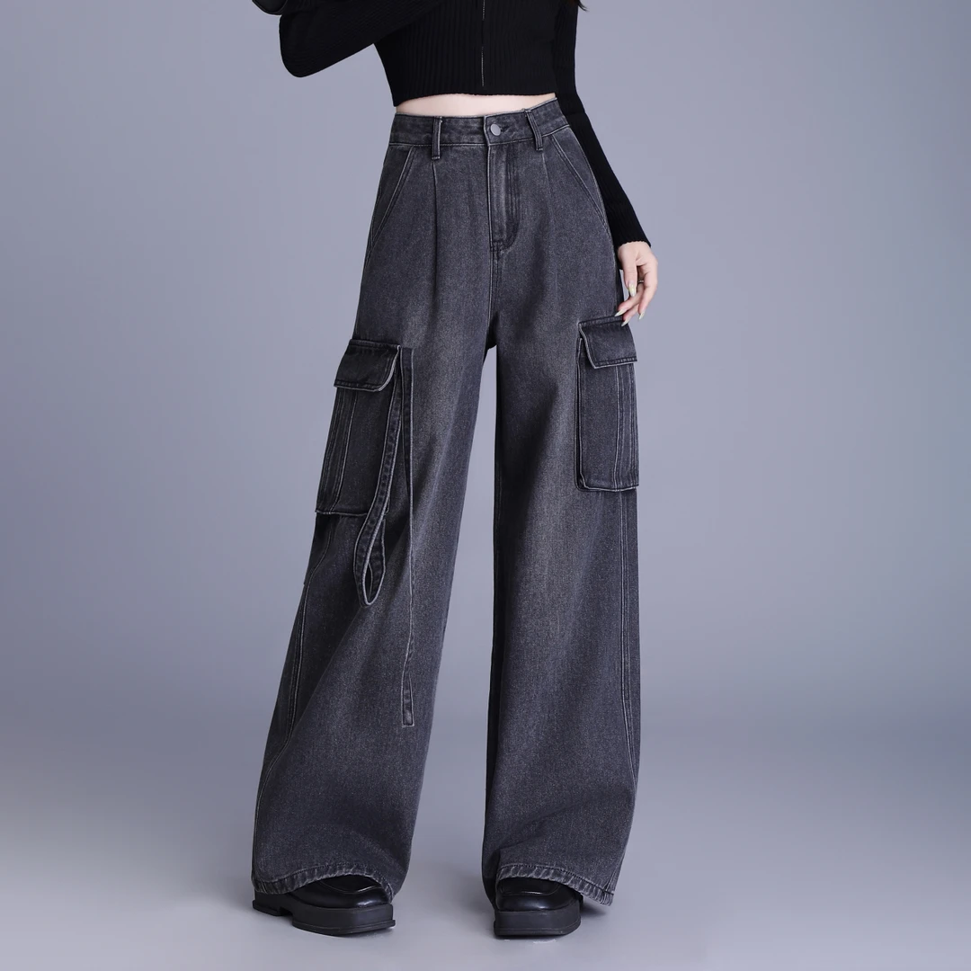美式黑色工装牛仔裤女2025新款春秋季小个子高腰多口袋阔腿拖地裤
