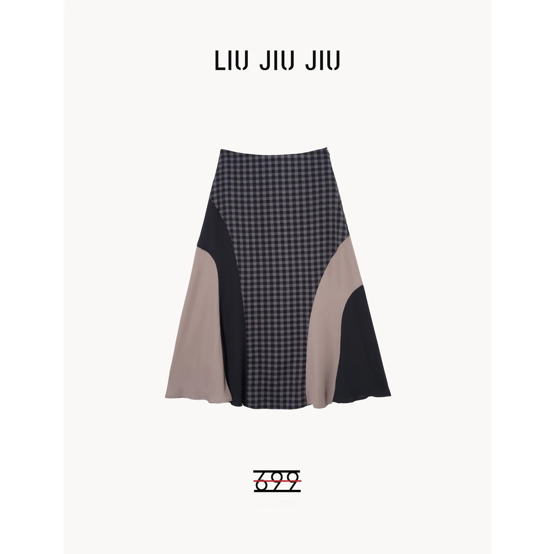 LIUJIUJIU 美式复古撞色拼接小众高端定制新款时尚中长裙BQ4663L