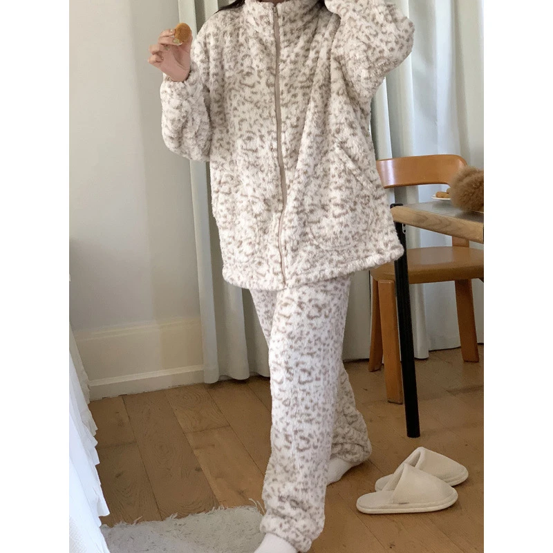 韩式ins冬季加厚保暖双面绒豹纹拉链韩系家居服睡衣居家加绒套装
