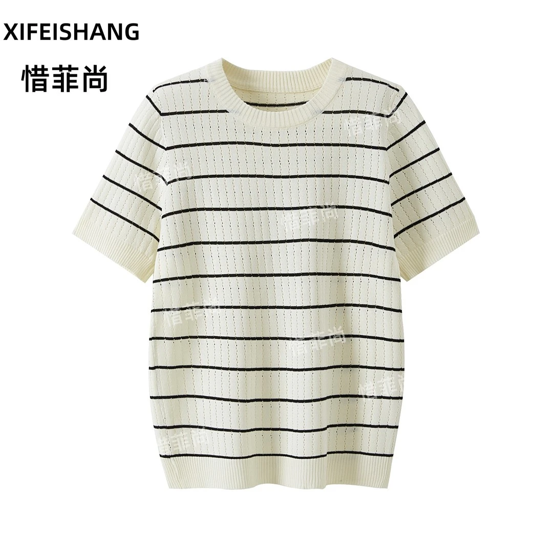 撞色毛针织衫短袖圆领显瘦时尚条纹女装春夏惜菲尚套头夏季上衣