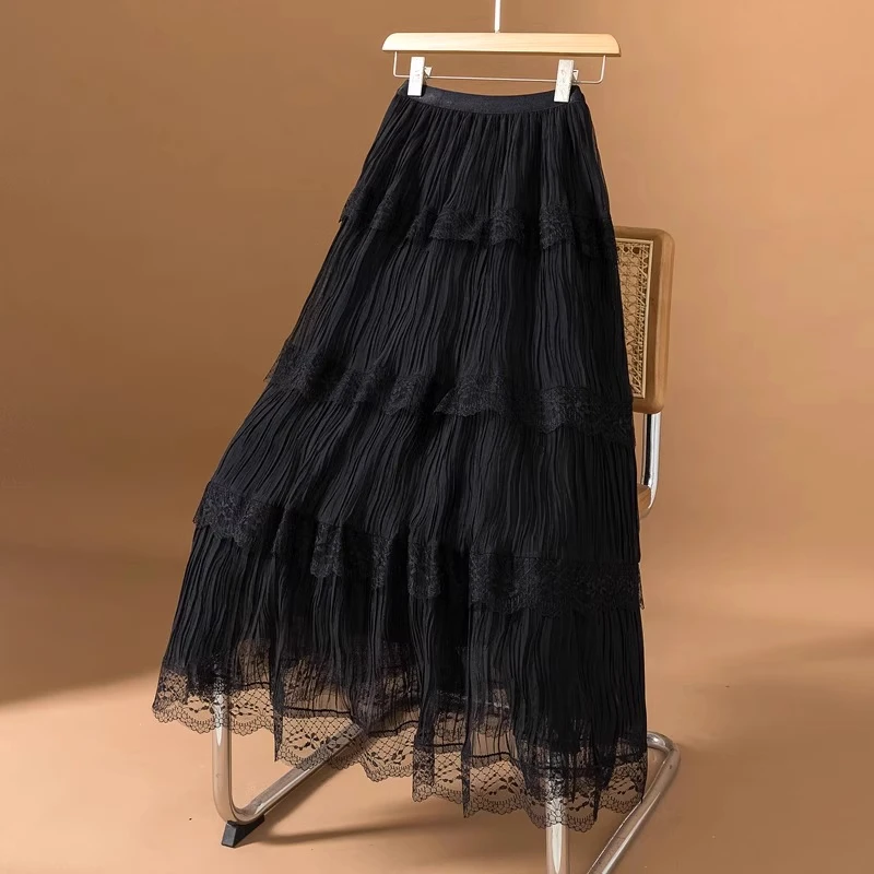 拉夏贝尔黑色气质经典半身裙女夏季2025年新款小众设计感网纱伞裙