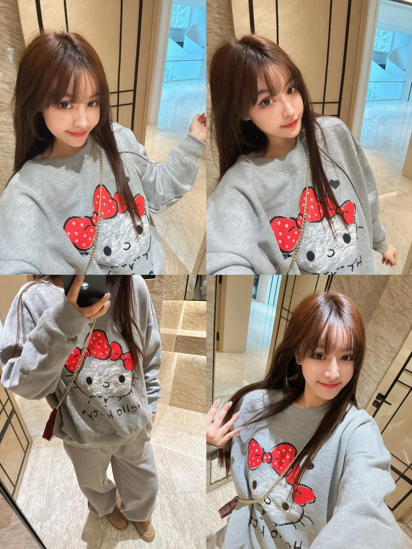 【HoorayLin】25新款加绒蝴蝶结小猫定制廓形常规款灰色卫衣KK570