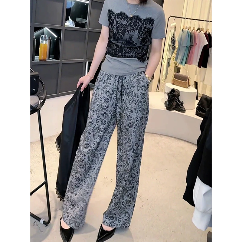 软糯透气直筒休闲裤女夏季新款民族风设计感显瘦抽绳高腰阔腿长裤