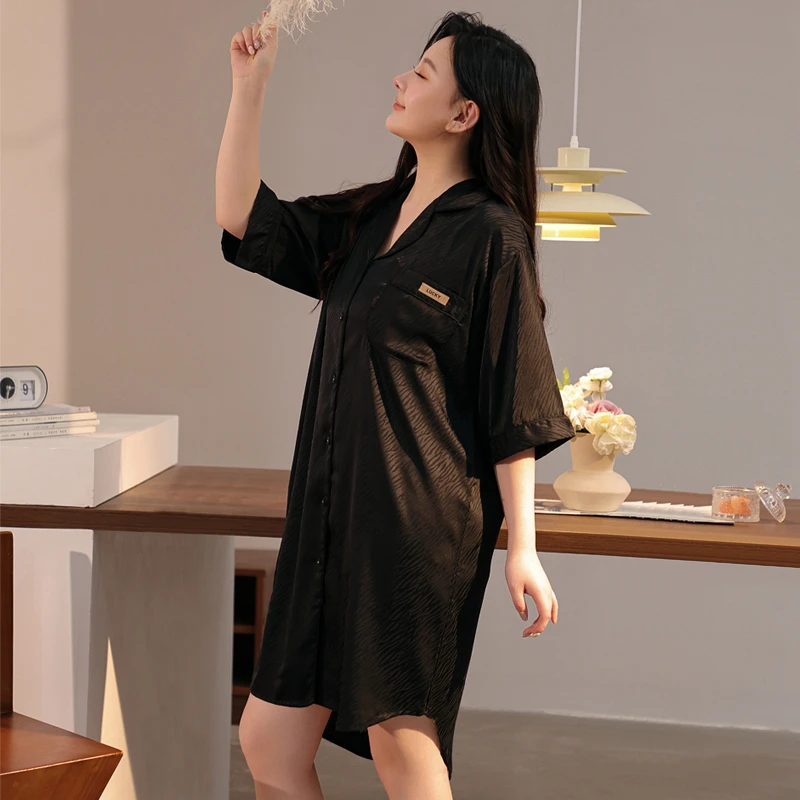 夏加肥加大码女胖MM冰丝凉感睡裙男朋友衬衫薄款家居裤睡衣200斤