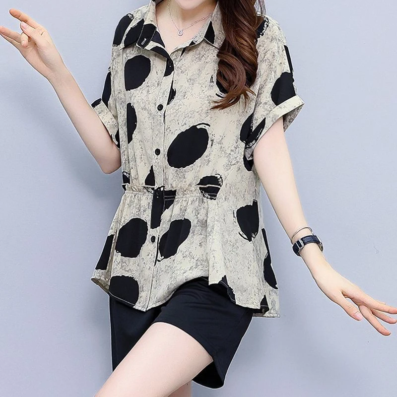 10095大码短袖衬衫时尚设计宽松衬衣减龄印花上衣
