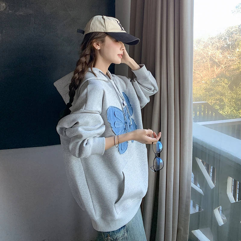 设计感小众独特蝴蝶贴布连帽卫衣女2025年春季韩系慵懒风宽松外套