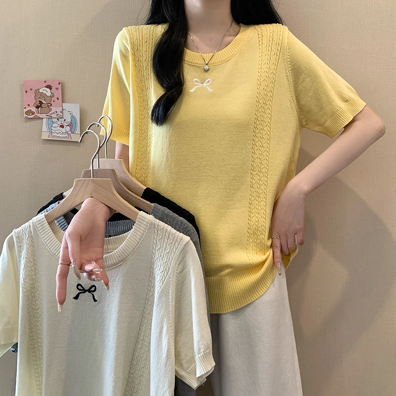 4079大码女装夏装新款宽松刺绣针织上衣胖mm百搭冰丝短袖洋气T恤