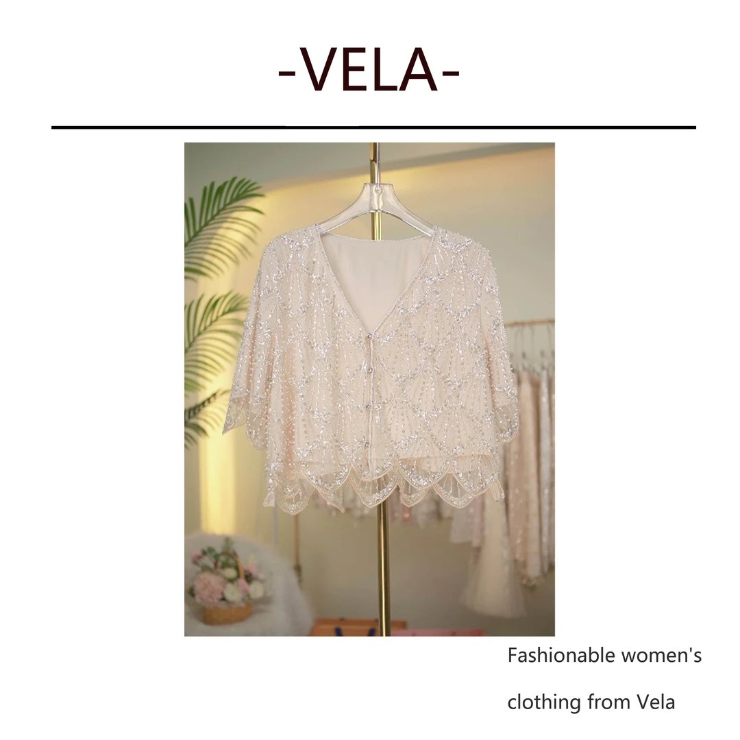 VELA 贝壳短袖开衫亮片夏季中国风短外套千金风