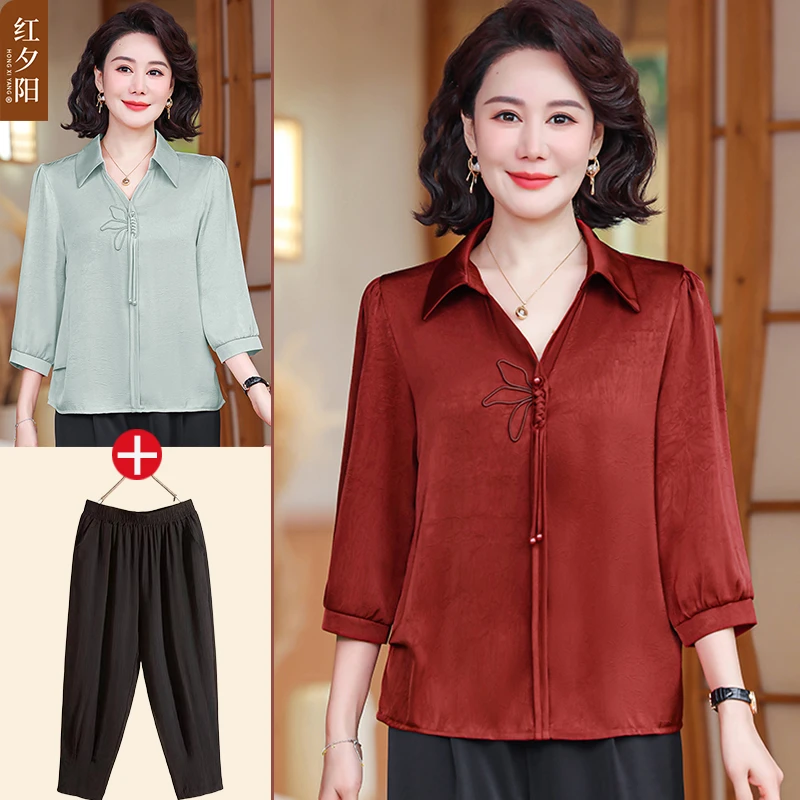 妈妈春装七分袖气质小衫中老年女春夏短袖衬衫洋气百搭洋气上衣