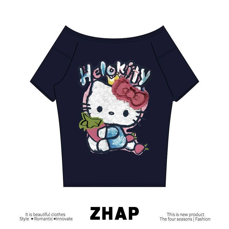 【ZHAP】新款斜肩宽松短袖t恤女hellokitty新款多巴胺穿搭显瘦上衣