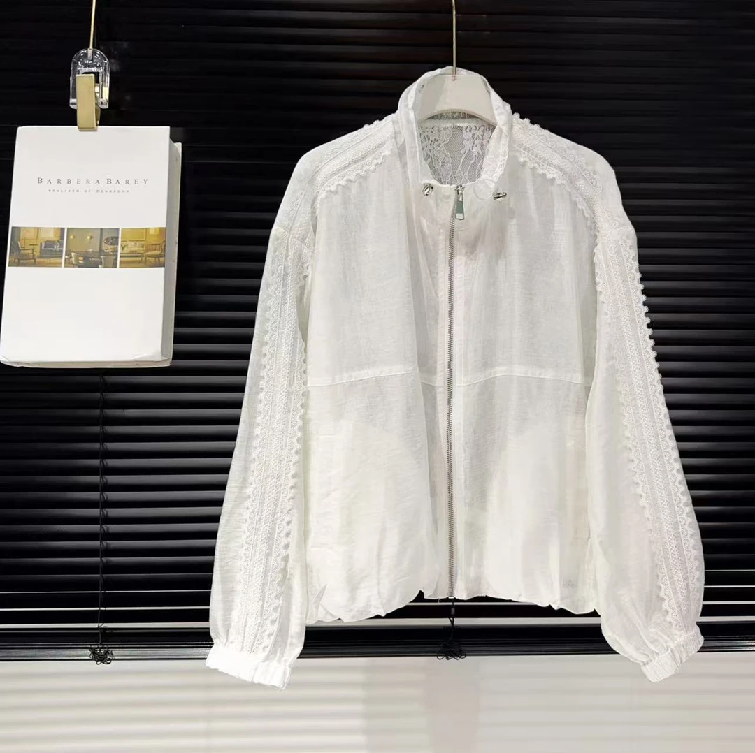 YJ M胸156长55蕾丝内衬光泽感拉链长袖蕾丝拼接设计外套上衣 1228