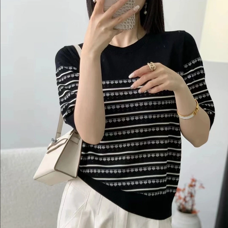 夏季镂空提花气质百搭休闲黑白圆领针织衫显瘦莱赛尔短袖上衣