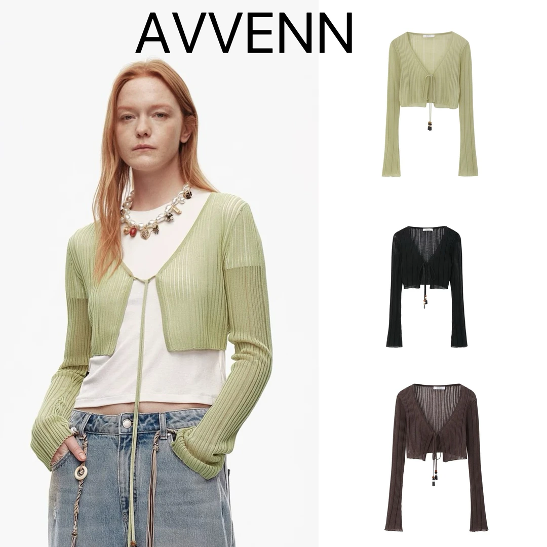 avvenn 25新款纯色薄款透衫串珠系带短开衫