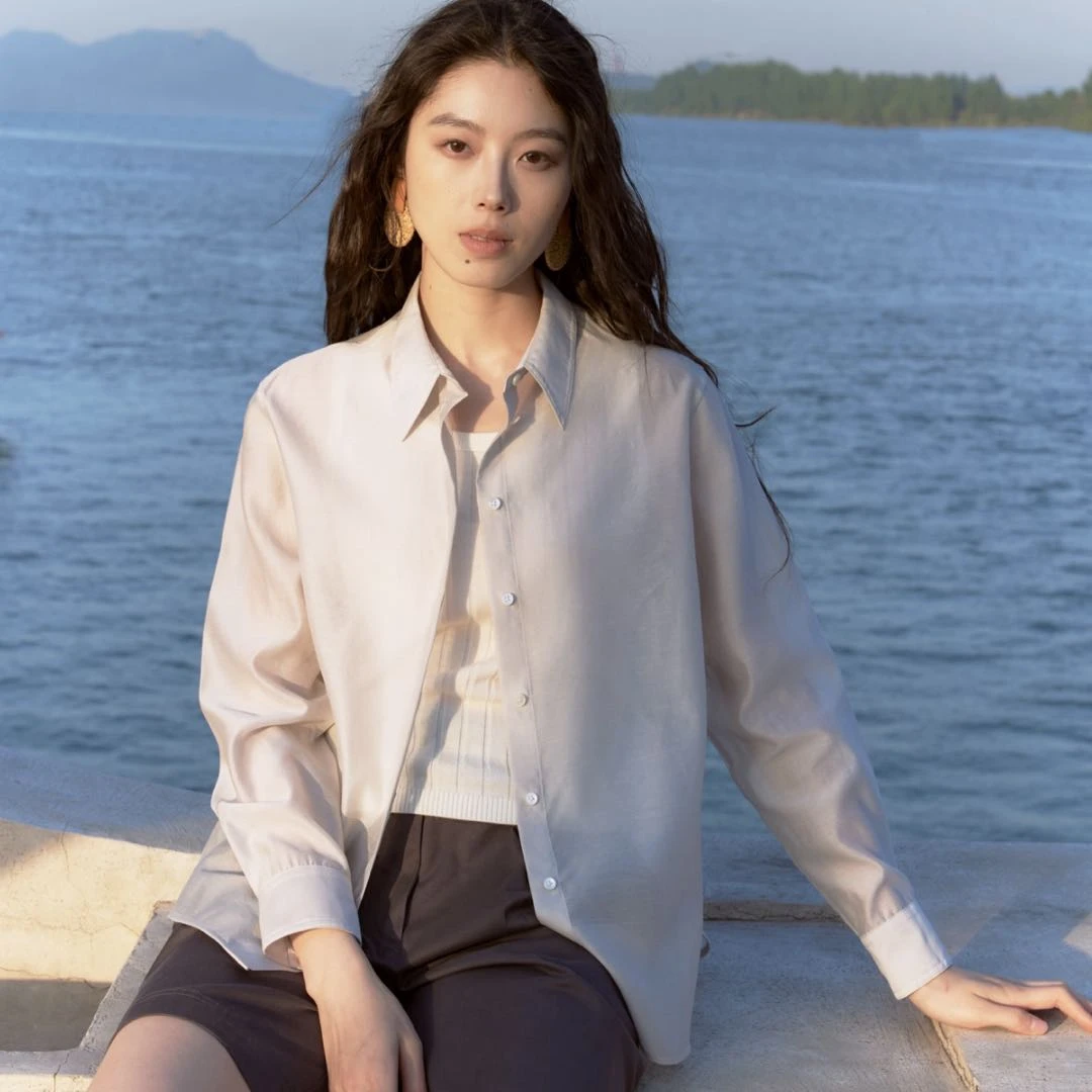 【跨年尊享】【白厂丝羊绒衬衫】休闲纯欲慵懒老钱风女装松弛感7557