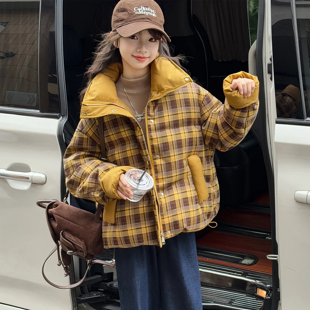 女童棉衣棉服冬装2025新款韩系加厚保暖中大童儿童格子面包服外套