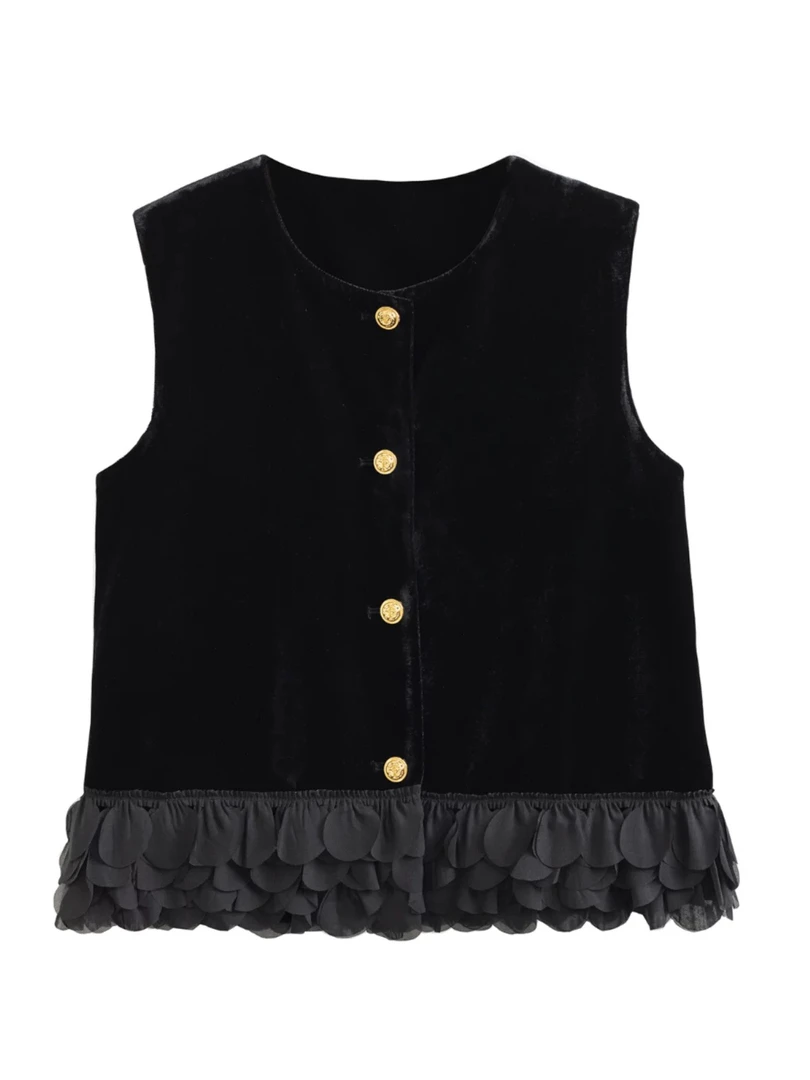 【肉总】小香金扣花瓣下摆拼接丝绒马甲