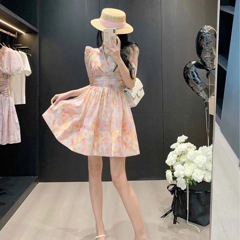 【有里布】碎花连衣裙2025夏季新款小个子别致甜美减龄收腰裙D2075