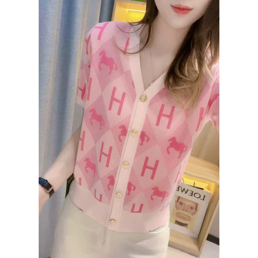 JL【H字母小马短袖开衫】2025夏季新款时尚气质开衫针织衫上衣