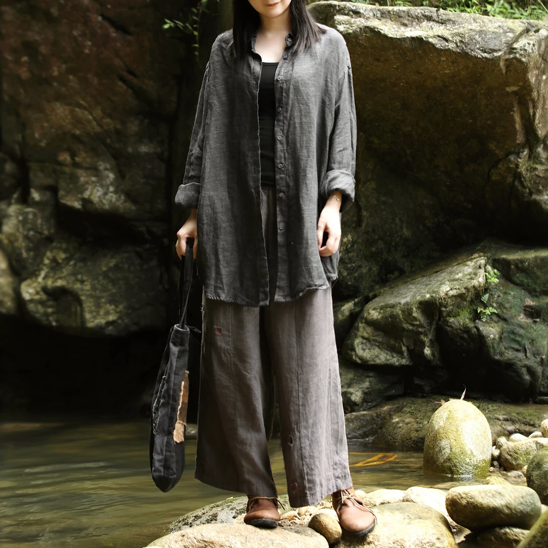 乱在江南肌理亚麻自然褶皱衬衫女秋季新品做旧复古宽松长袖上衣