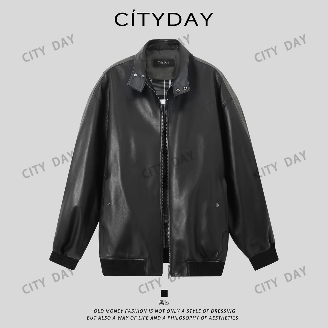 City Day【灰叔】蒋奇明同款·绵羊皮拼接小立领真皮夹克 8516