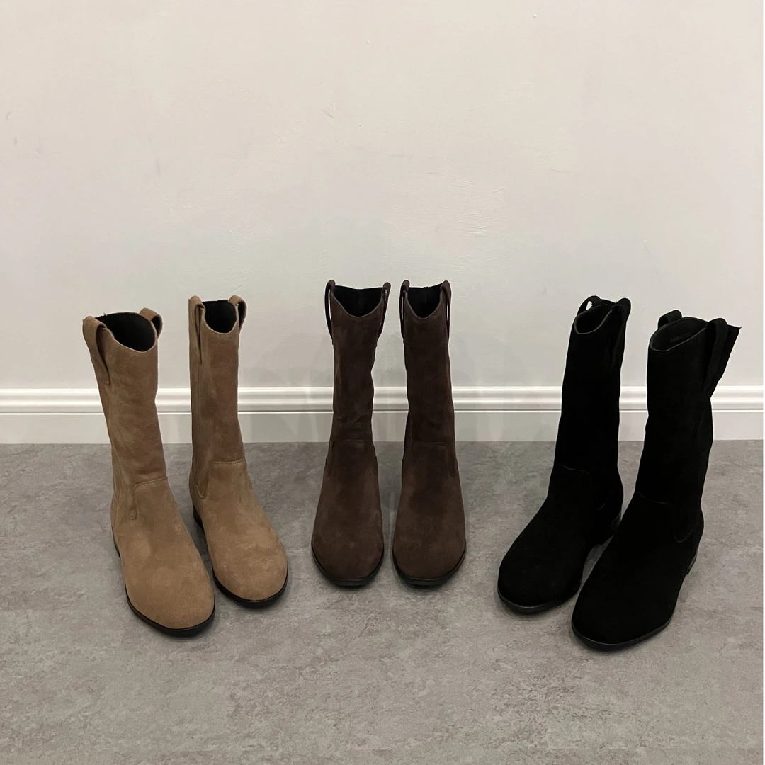 百搭复古显瘦西部牛仔靴2025新款时尚圆头低跟一脚蹬短靴秋冬靴子