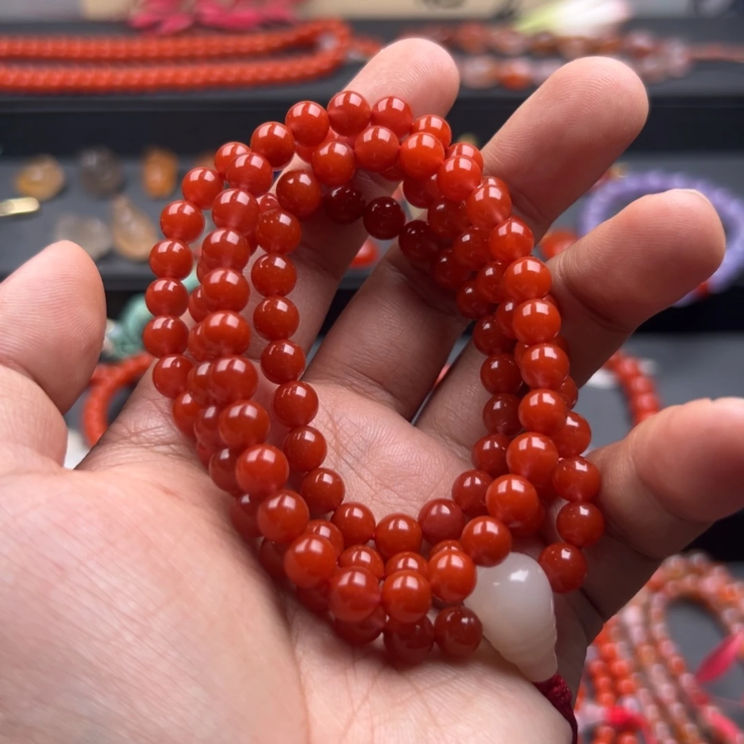 南红玛瑙未镶嵌手链东山大陷坝辣椒红卡7 108多圈多绕