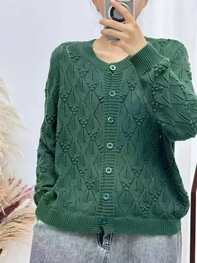 春款纯棉线开衫勾花镂空花百搭圆领长袖宽松