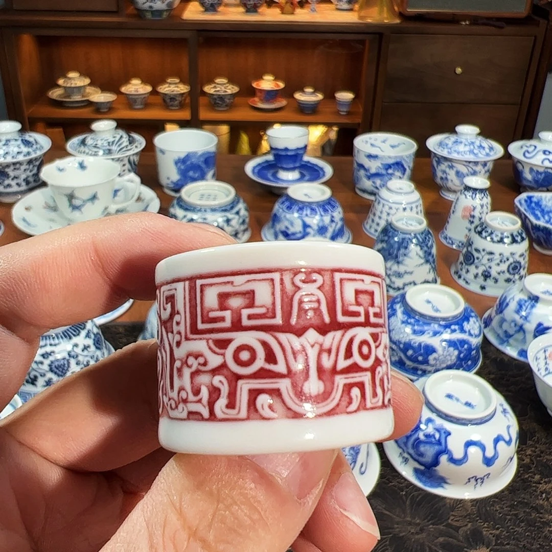 釉里红雕刻饕餮纹扳指改置