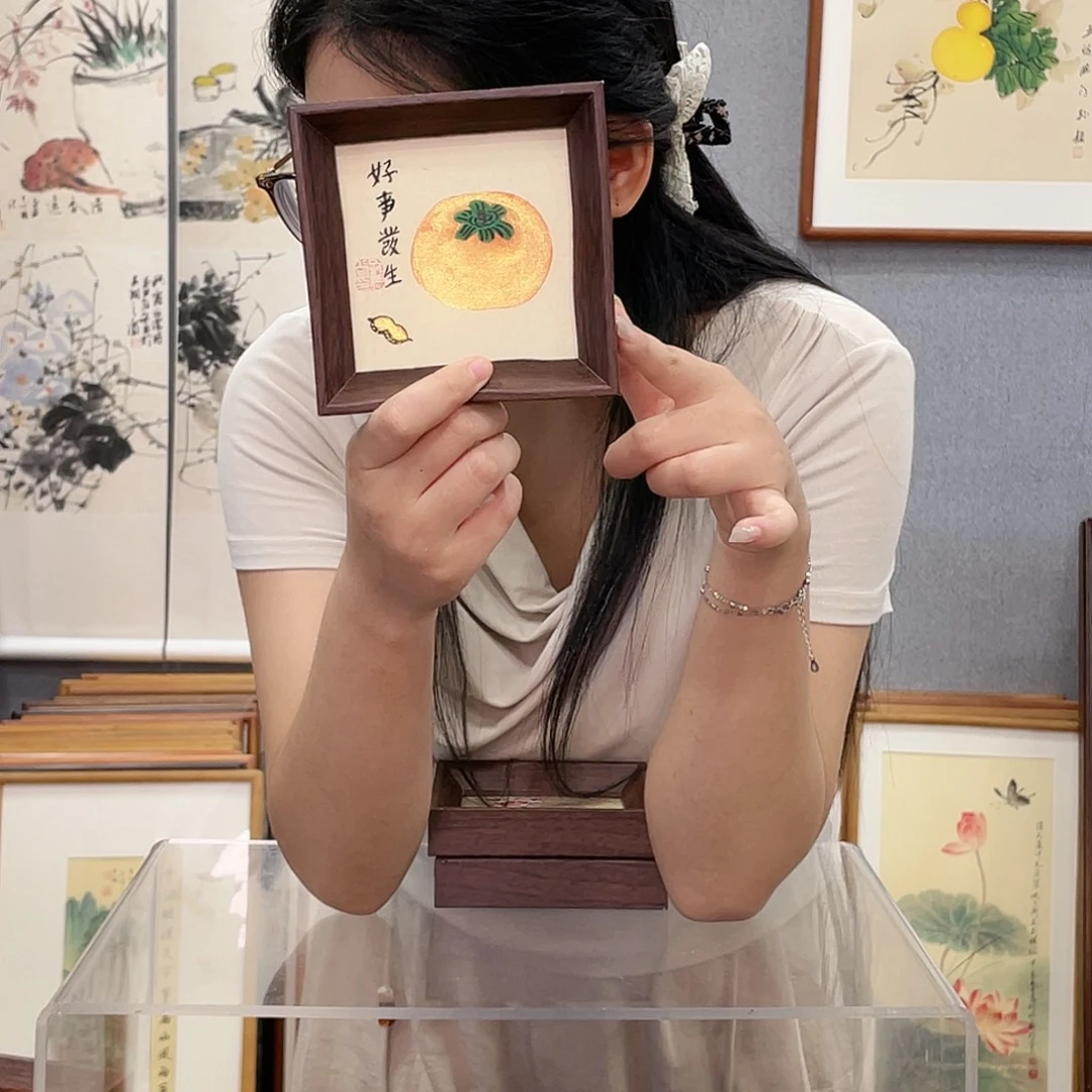 书法手绘带框尺寸：12*12柿子