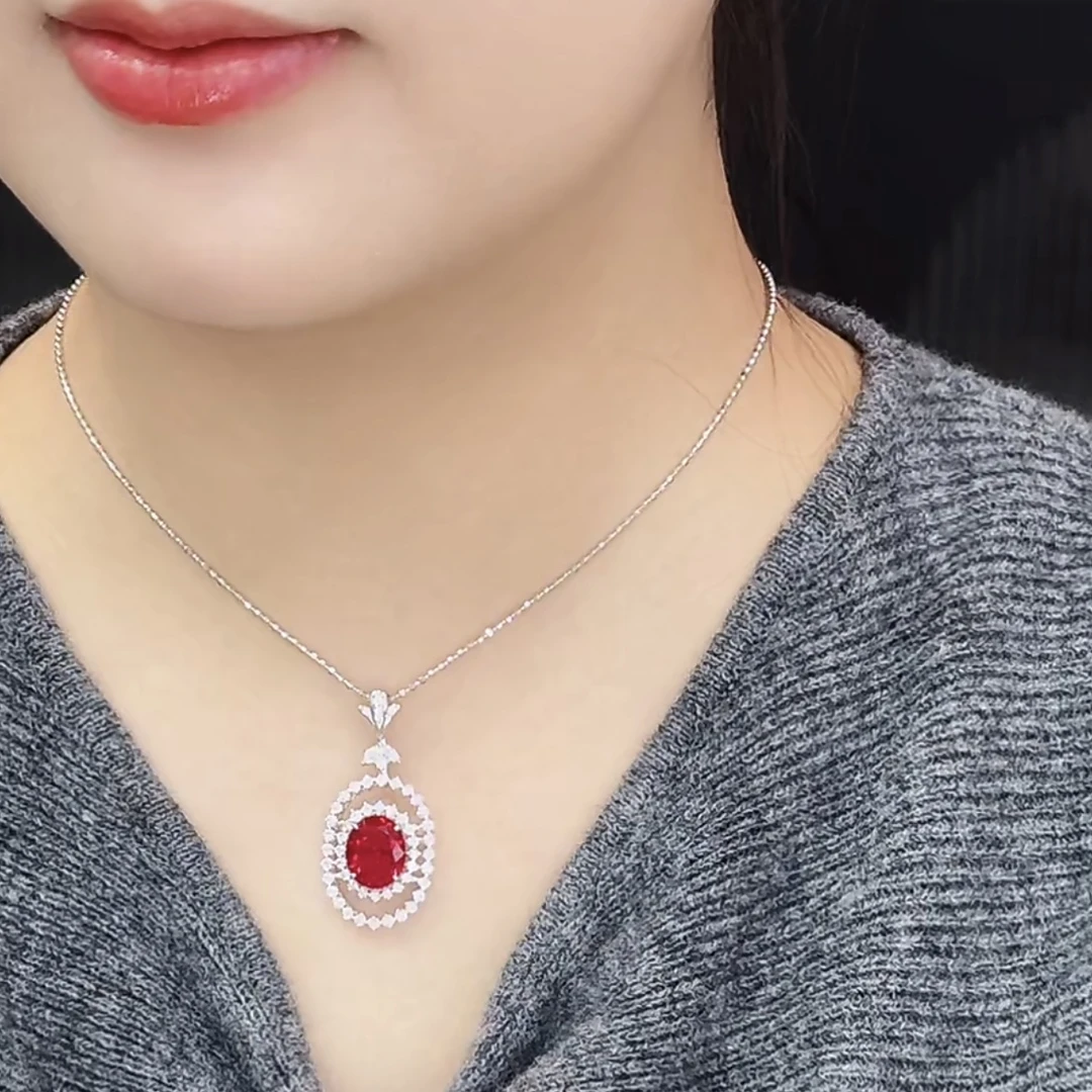 培育红宝石P4380 满钻镶嵌鸽血红色时尚气质百搭单吊坠