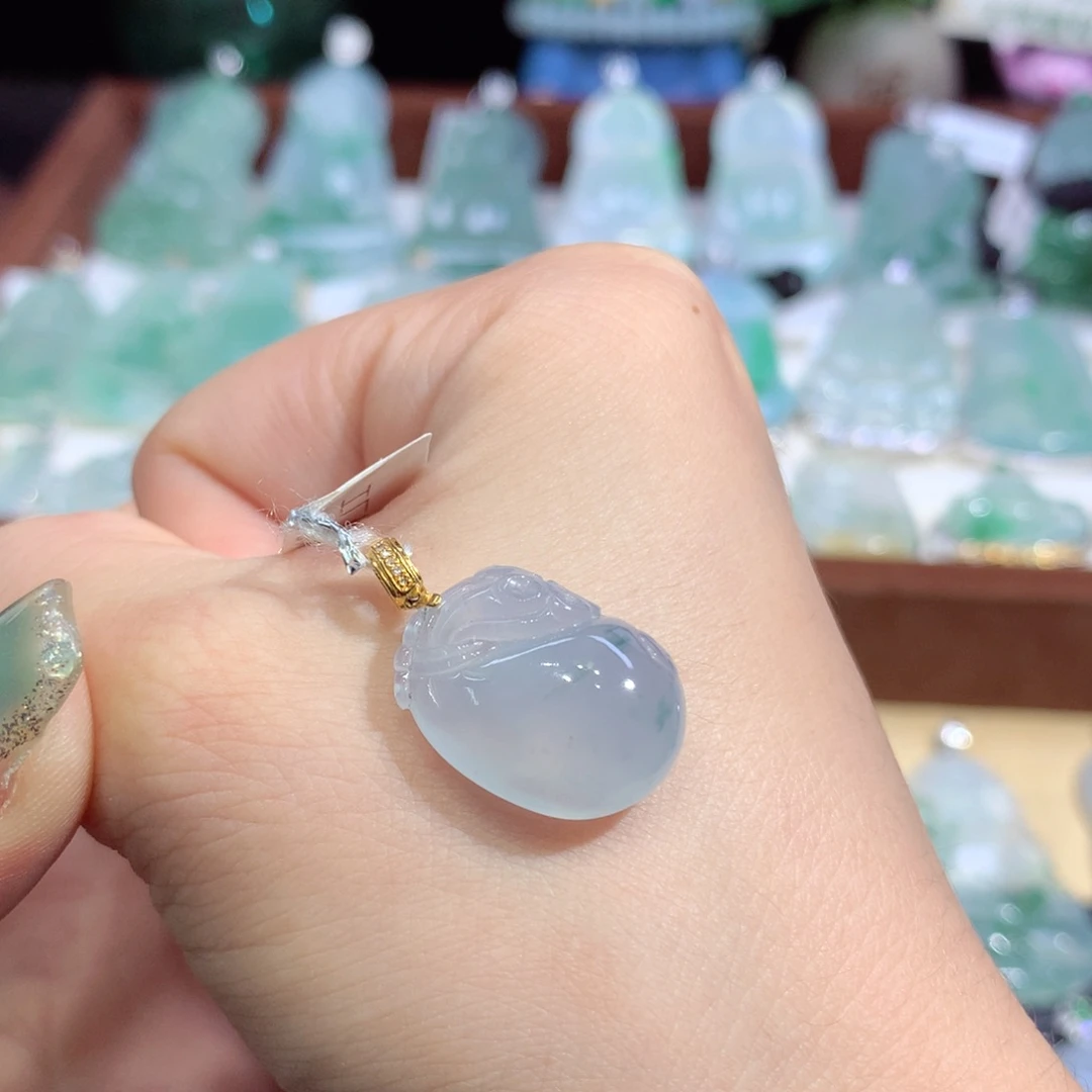 翡翠18K金镶嵌吊坠(不含链)天然缅甸A货翡翠揭阳工钱袋（福袋）