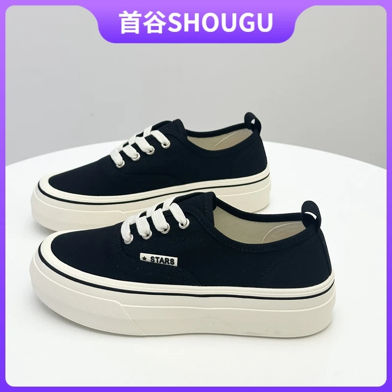 首谷爆款帆布鞋女2025春夏新款内增高版厚底系带单鞋女休闲板鞋潮